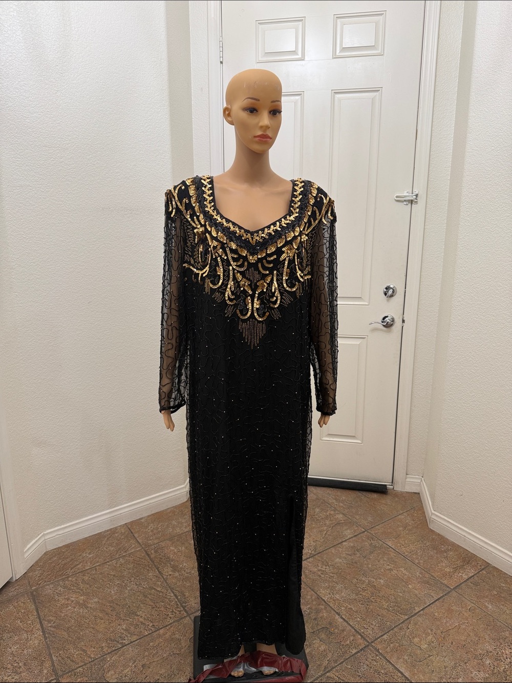 Roaman's Black Maxi Silk Dress Heavy Vintage Gold Sequins Black Beaded Yoke B2